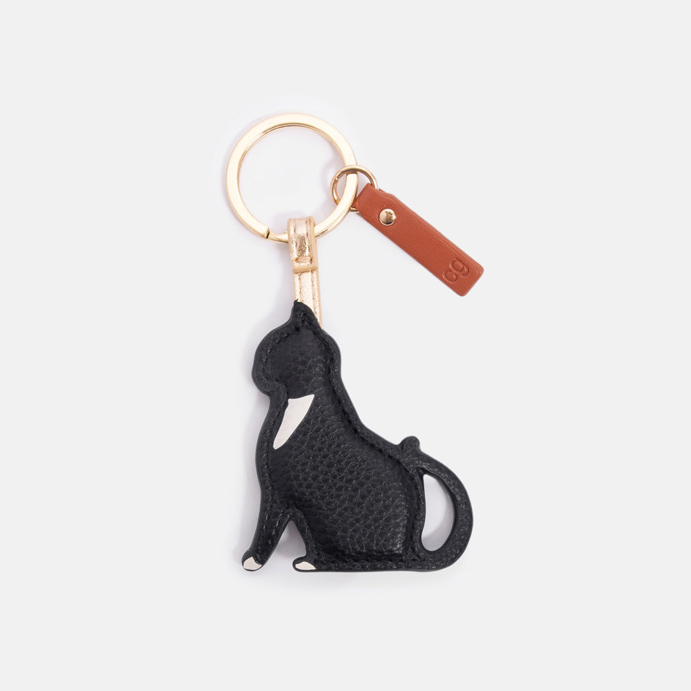 black and white cat padded leather look keyring