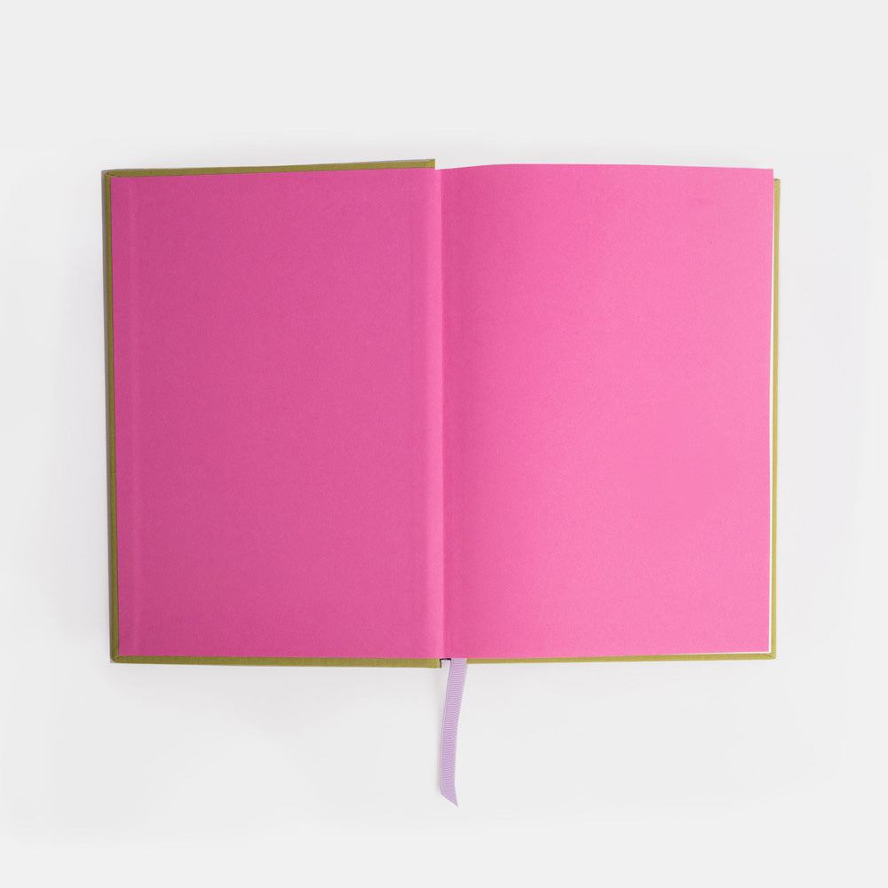 Open pink notebook on a white background