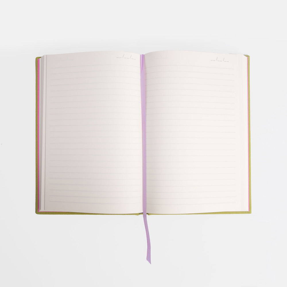 Open notebook with lined pages on a white background