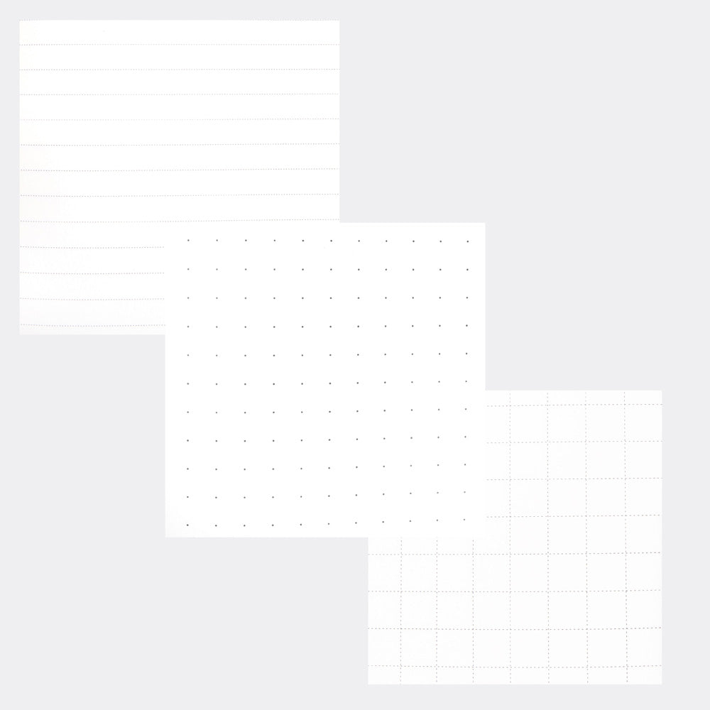 Three sheets of paper with lined, dotted and grid patterns on a light grey background