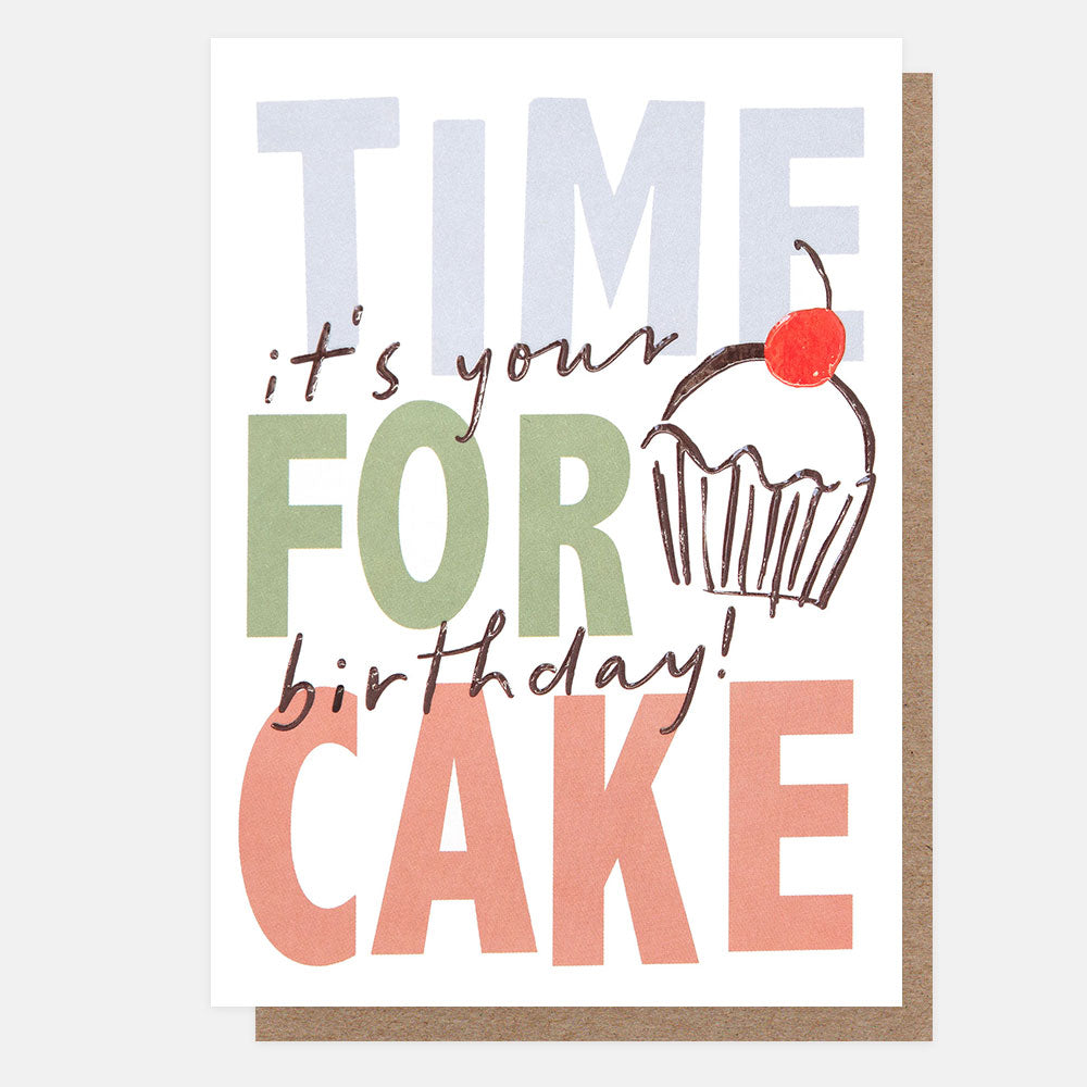 Greeting card with 'it's your birthday, time for cake' text and a cupcake illustration on a white background.