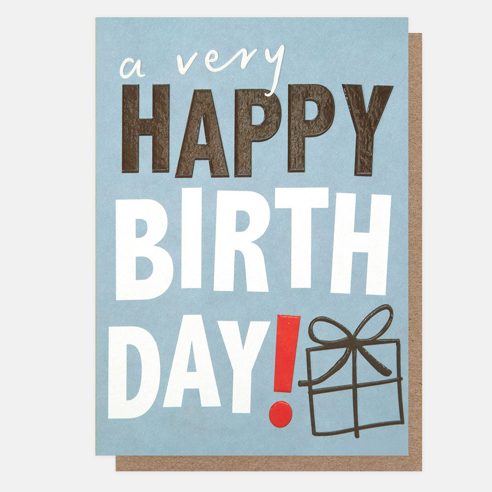 Birthday card with 'a very happy birthday!' text on a light blue background