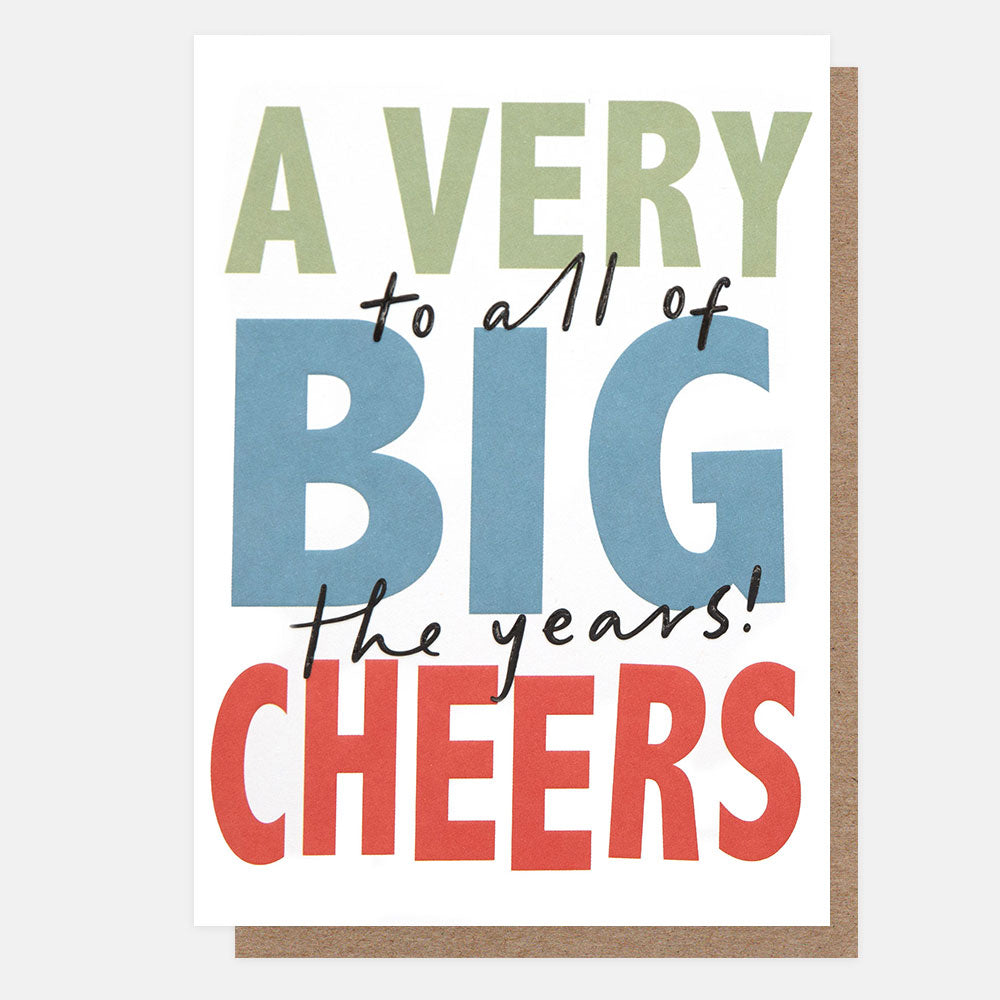 Greeting card with colorful text 'A Very Big to all of the years! Cheers' on a white background