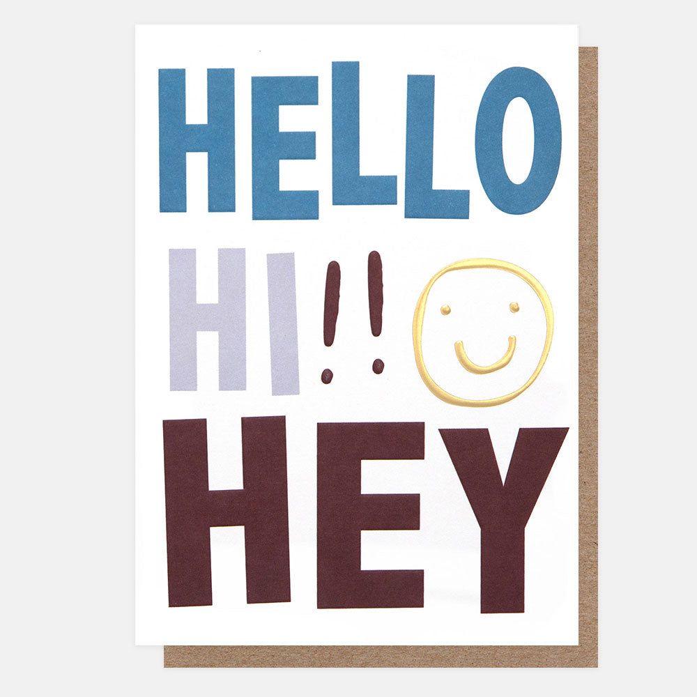Greetings card with 'HELLO', 'HI!!', and 'HEY' text in different colors on a white background.