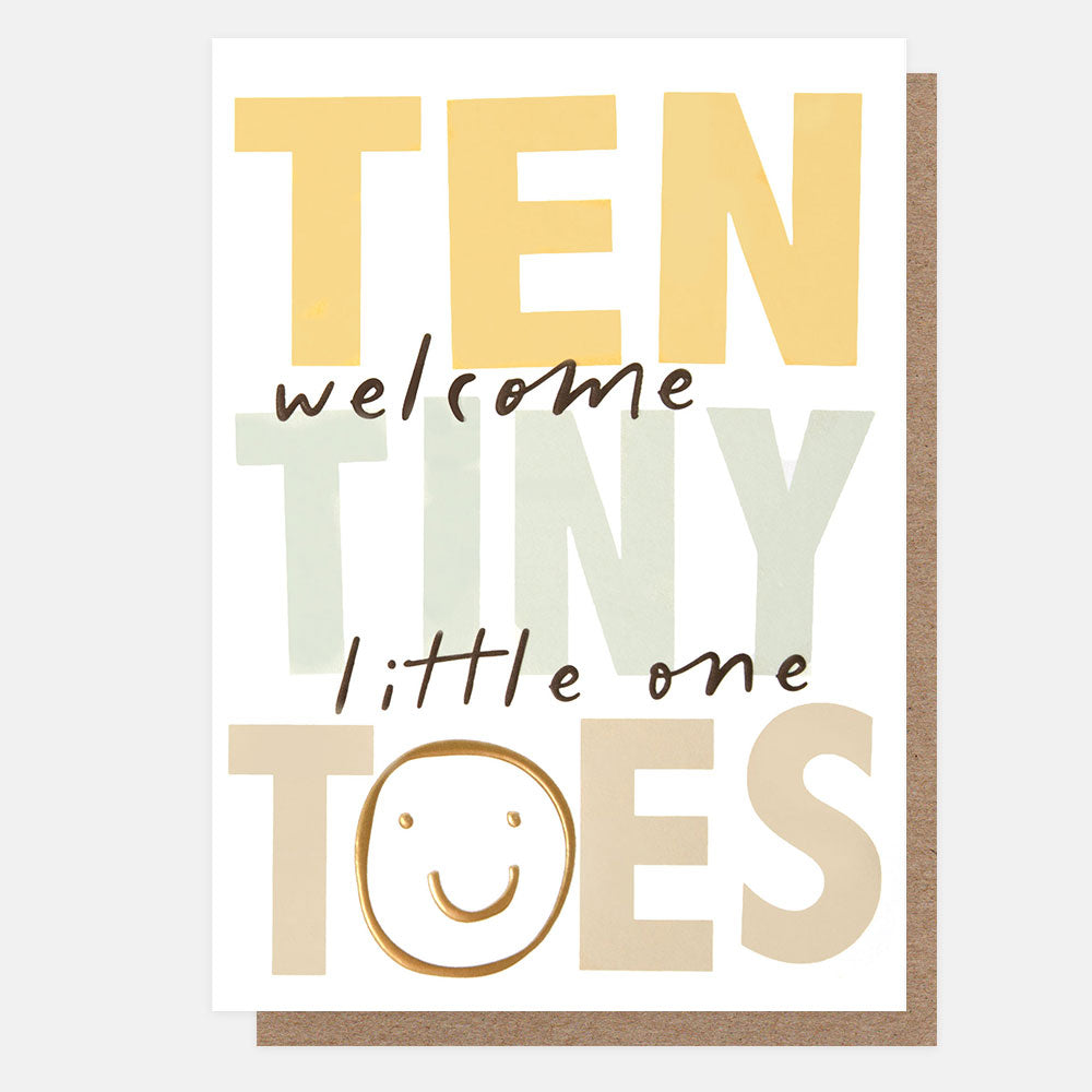 New baby card with text 'TEN TINY TOES welcome little one' on a white background