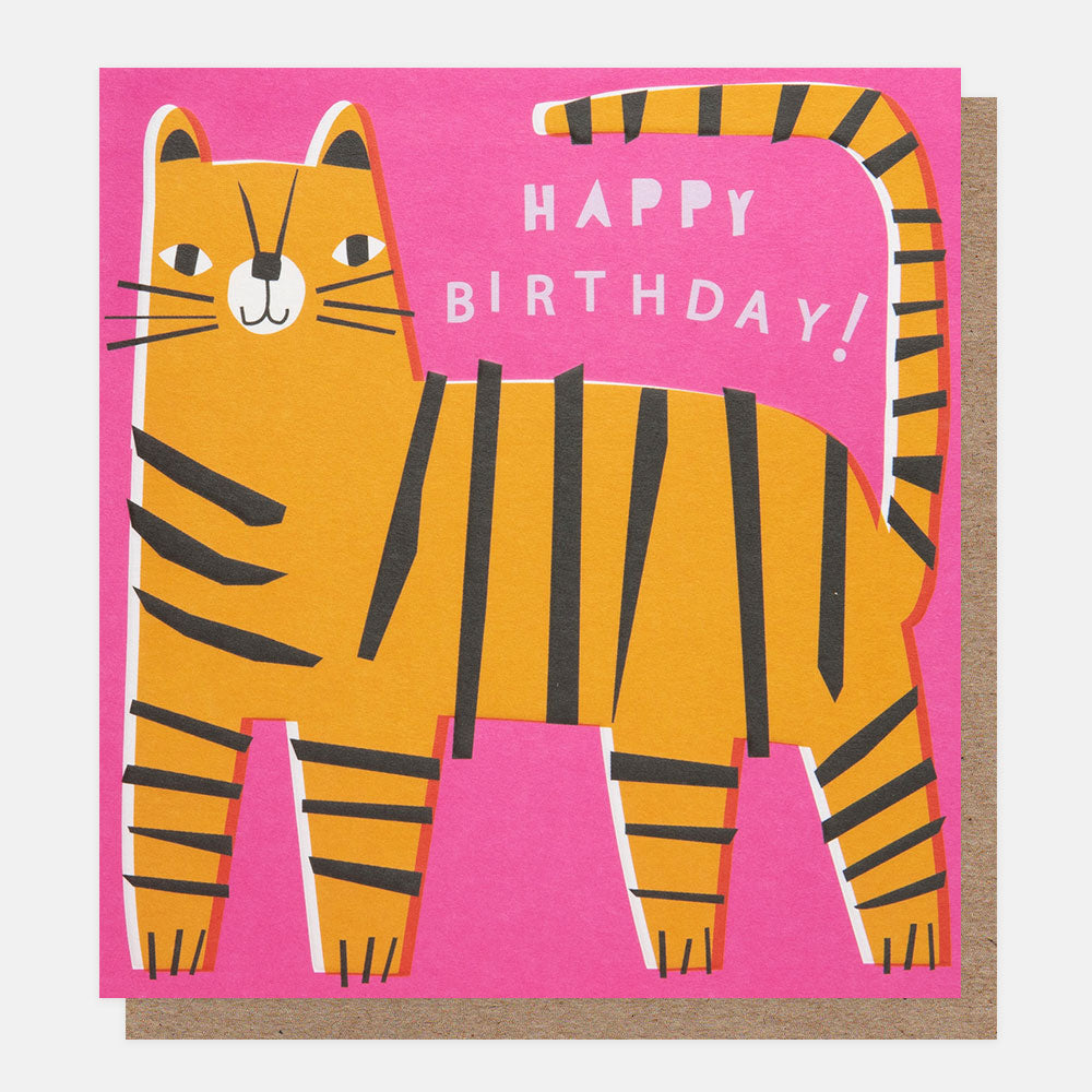 orange tiger on pink background happy birthday card