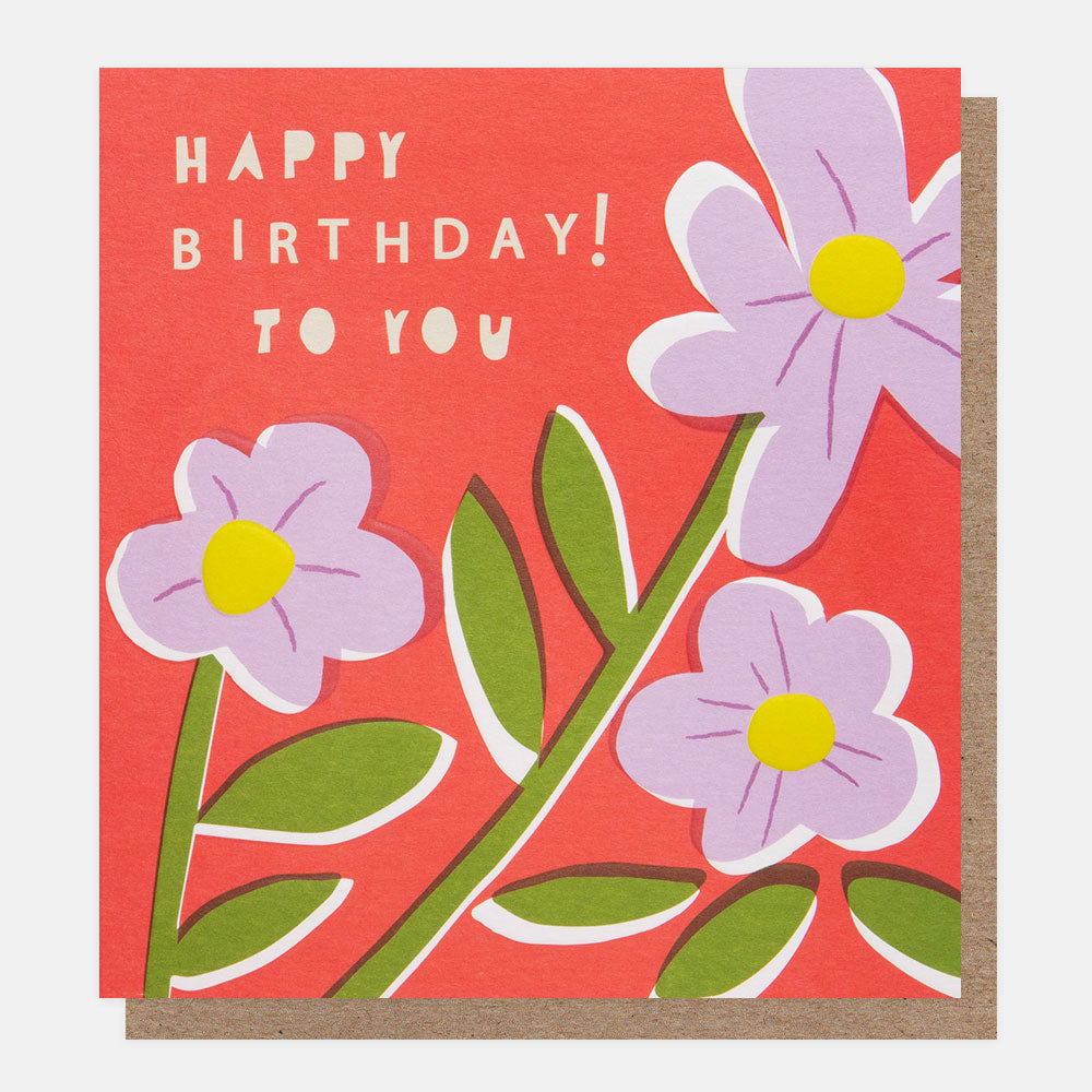 purple flowers on red background happy birthday to you card