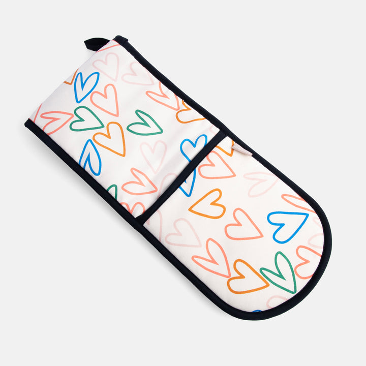 multi coloured outline hearts oven gloves with orange & pink stripe reverse