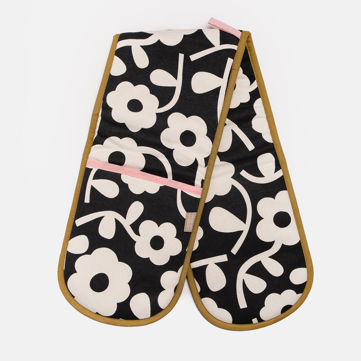 monochrome flower print double oven gloves