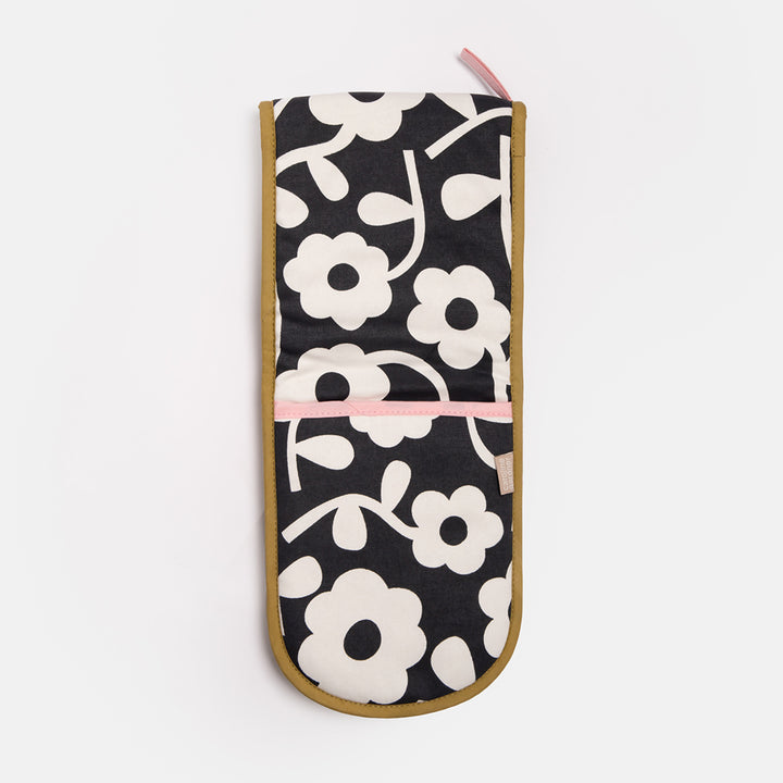 monochrome flower print double oven gloves