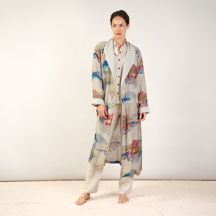 lightweight dressing gown in grey with Japanese landscape print in pinks and blues, made by one hundred stars