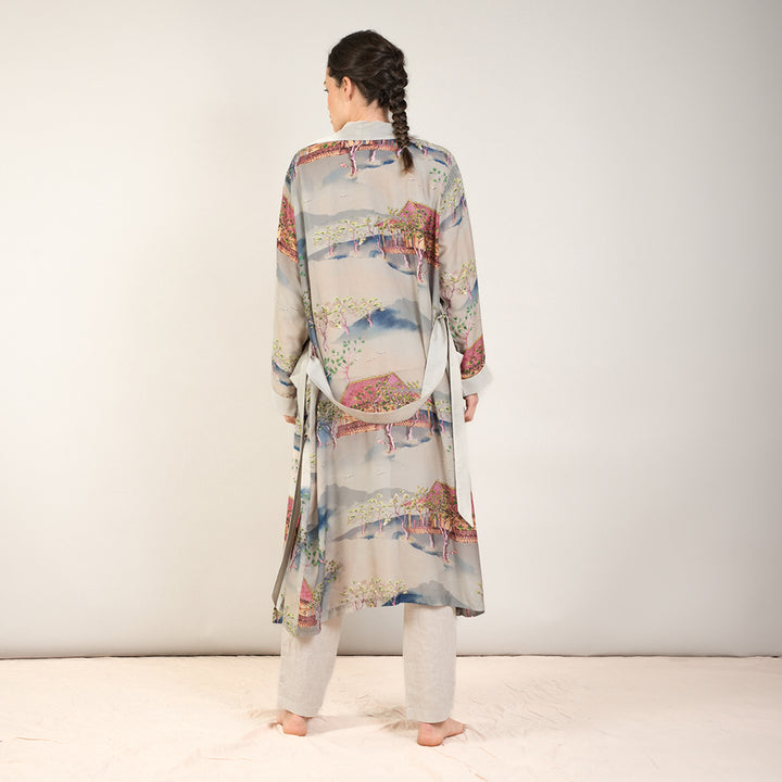 lightweight dressing gown in grey with Japanese landscape print in pinks and blues, made by one hundred stars