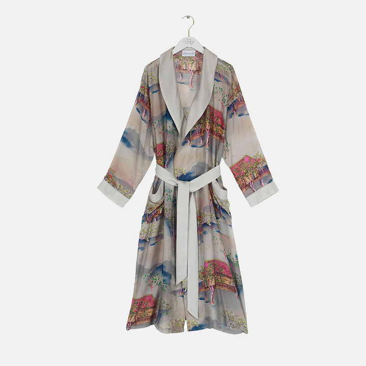 lightweight dressing gown in grey with Japanese landscape print in pinks and blues, made by one hundred stars