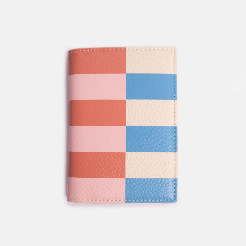 leather look PU passport & card holder in offset pink & blue stripe design with heart print lining