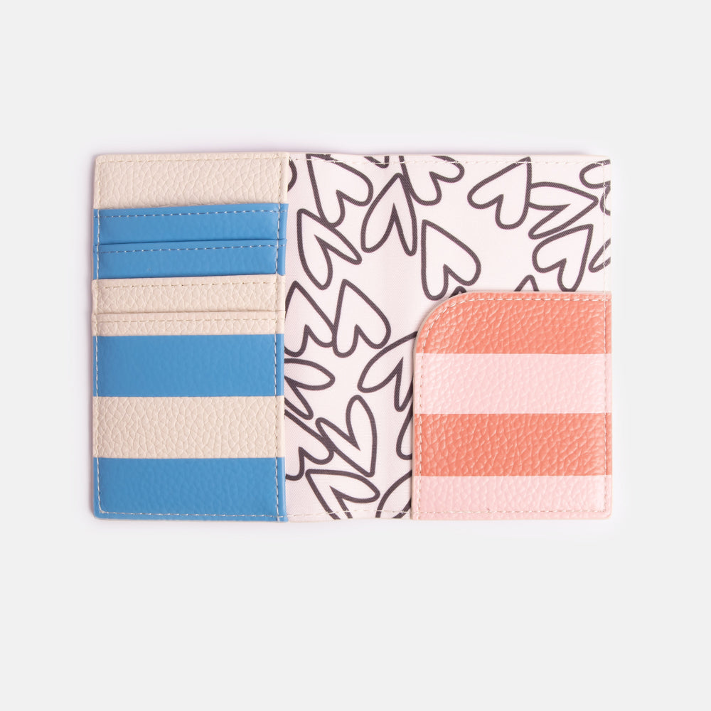 leather look PU passport & card holder in offset pink & blue stripe design with heart print lining