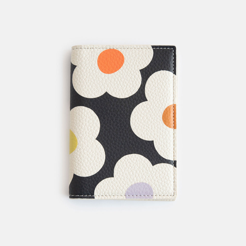 leather look PU passport & card holder in cream flowers on charcoal design with a spot print lining