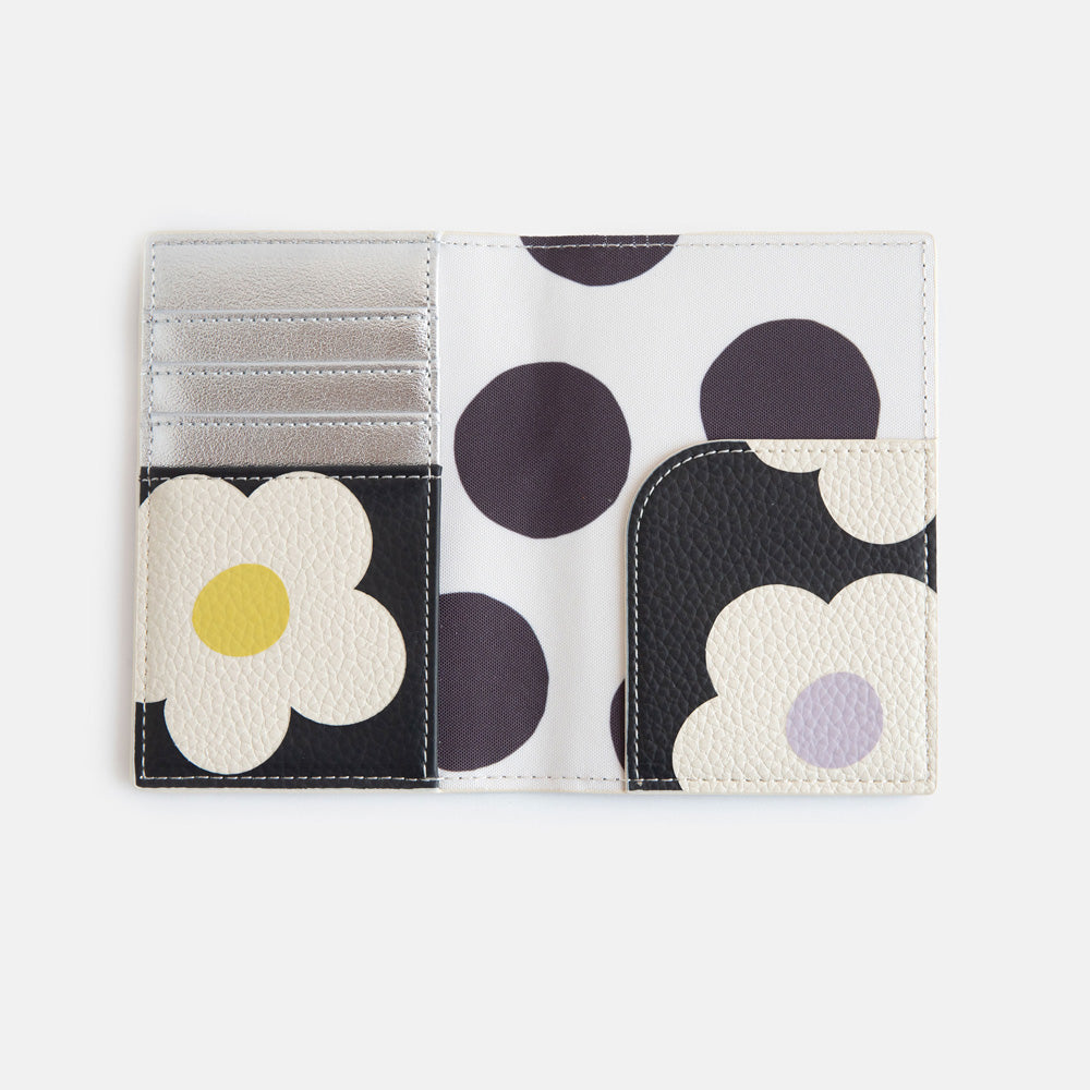 leather look PU passport & card holder in cream flowers on charcoal design with a spot print lining
