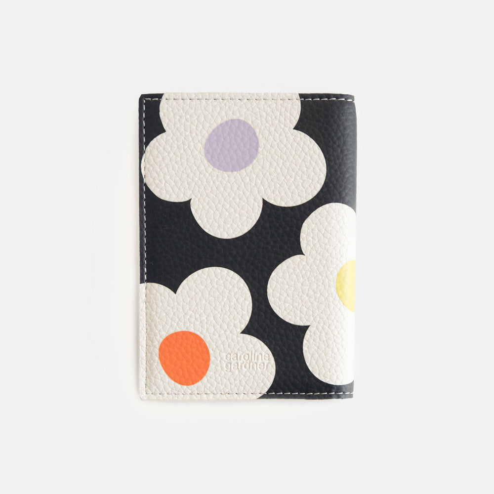 leather look PU passport & card holder in cream flowers on charcoal design with a spot print lining