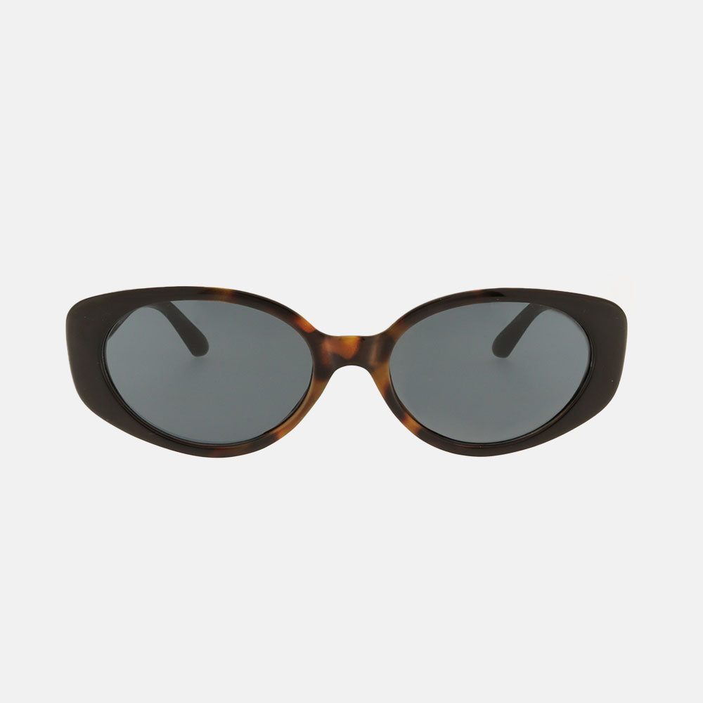 dark tortoiseshell oval frame sunglasses with grey lenses