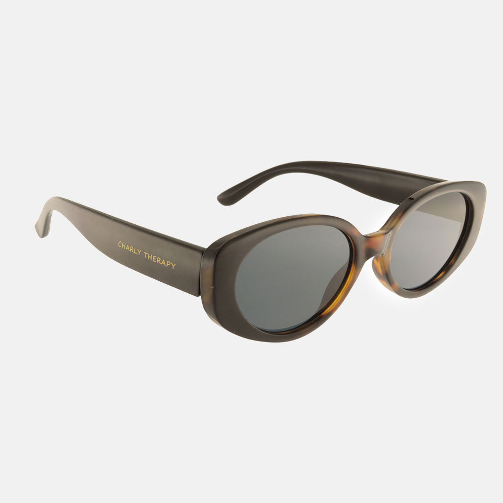dark tortoiseshell oval frame sunglasses with grey lenses