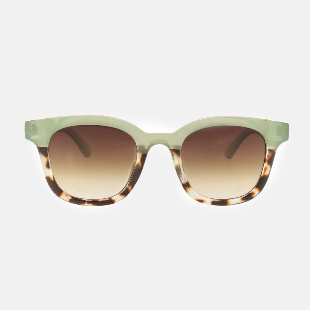 green and tortoiseshell round frame sunglasses with brown lenses