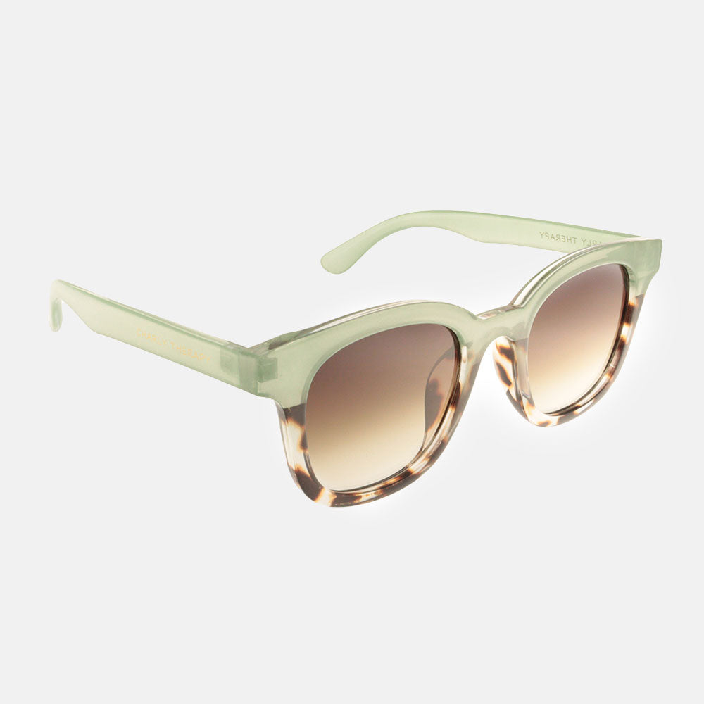 green and tortoiseshell round frame sunglasses with brown lenses