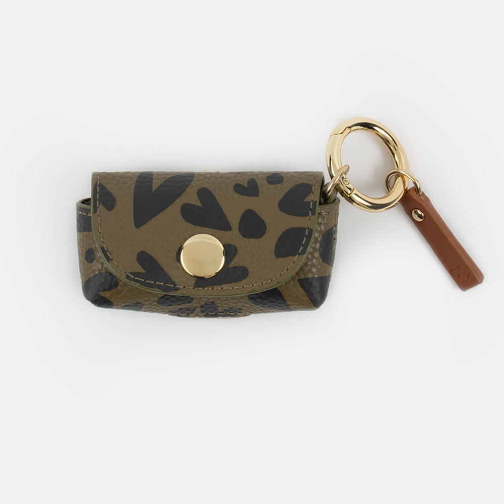 khaki and black hearts poo bag holder with gold hardware