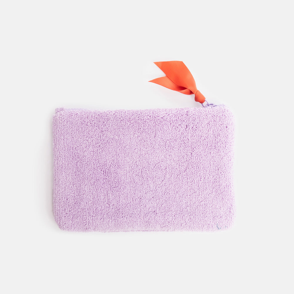 lilac towelling zip close pouch with orange zip pull