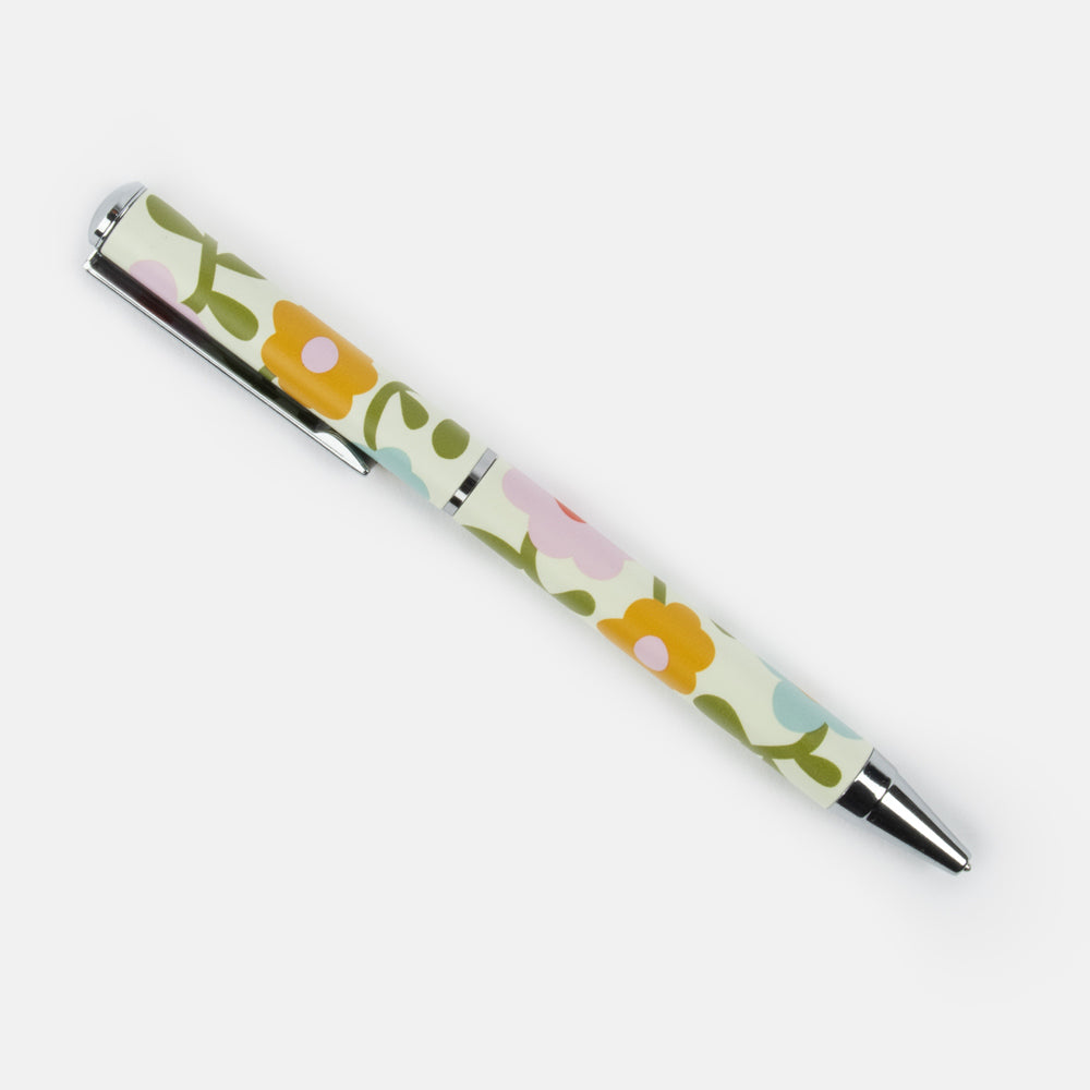 multi coloured floral print ballpoint pen in a gift box