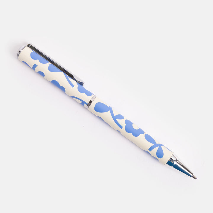 boxed ballpoint pen in blue flower design