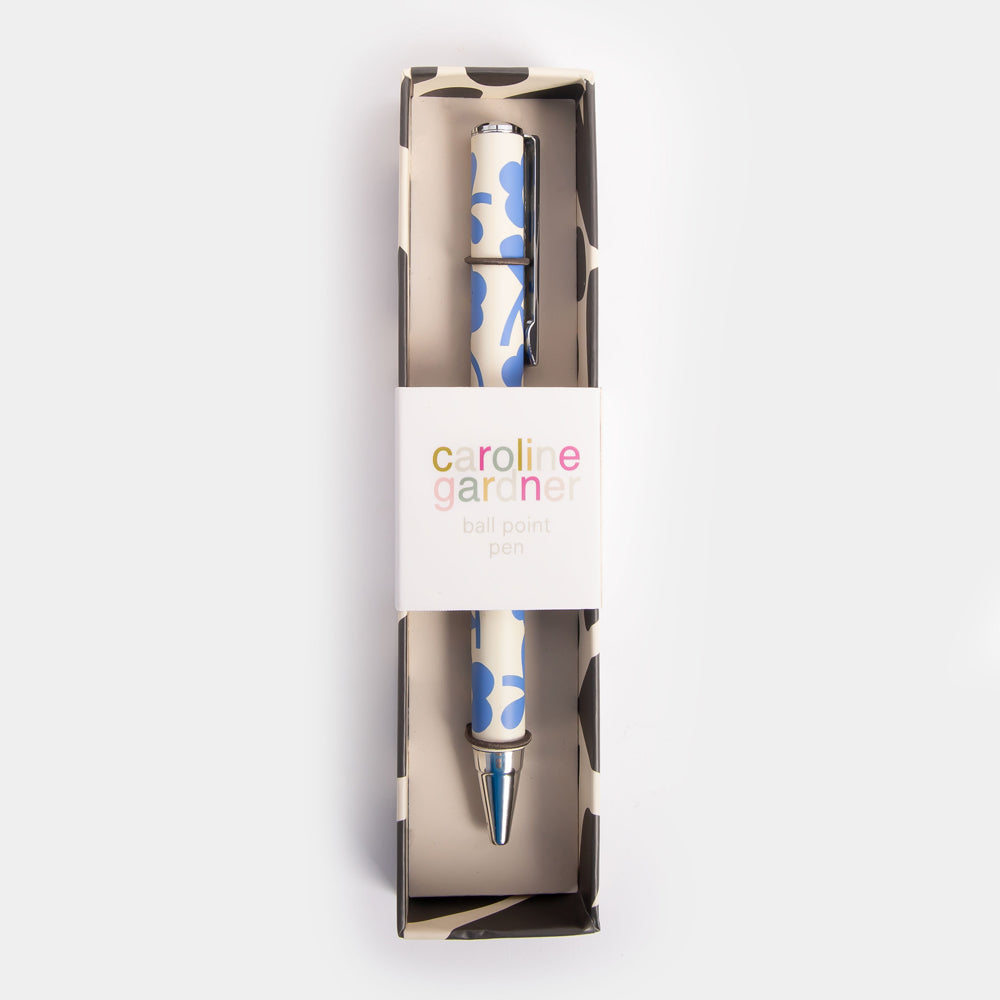 boxed ballpoint pen in blue flower design