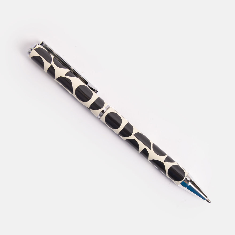 boxed ballpoint pen in monochrome abstract geometric shapes design