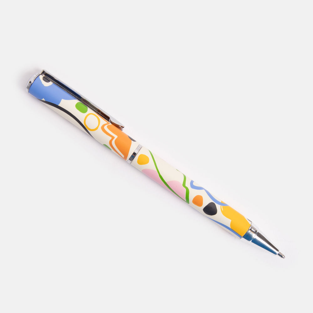 boxed ballpoint pen in colourful abstract botanicals design