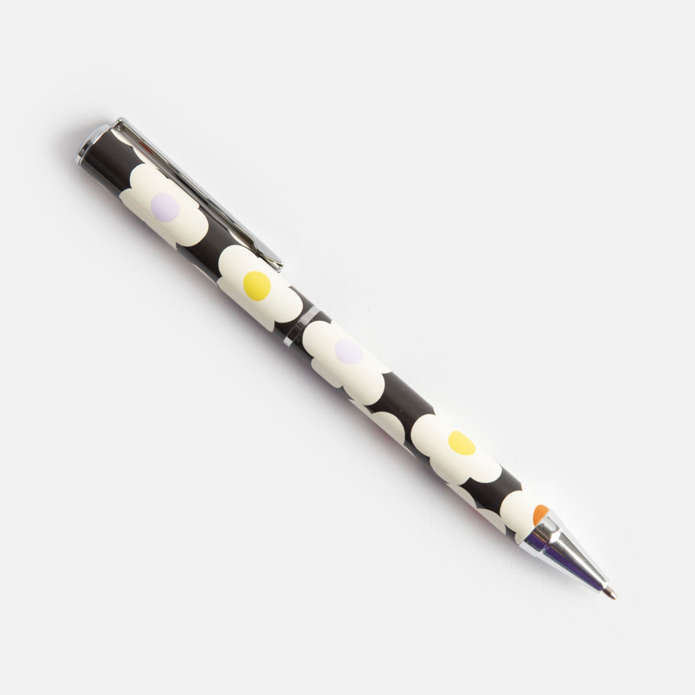 boxed ballpoint pen in a big cream flowers on a charcoal background design