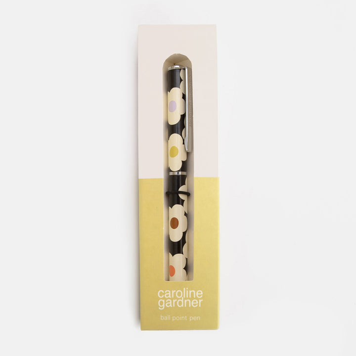 black ball point pen with colourful flowers design in a 'caroline gardner' branded box