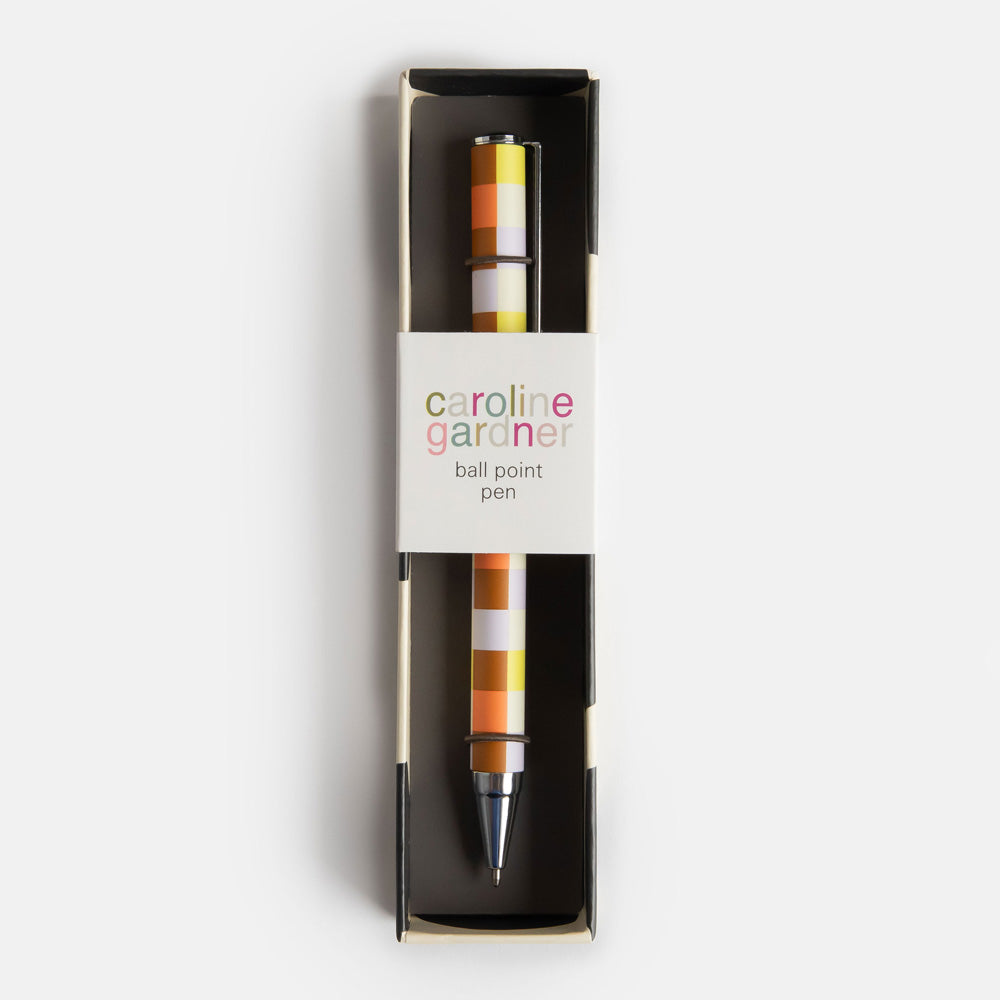 boxed ballpoint pen in warm tones check design