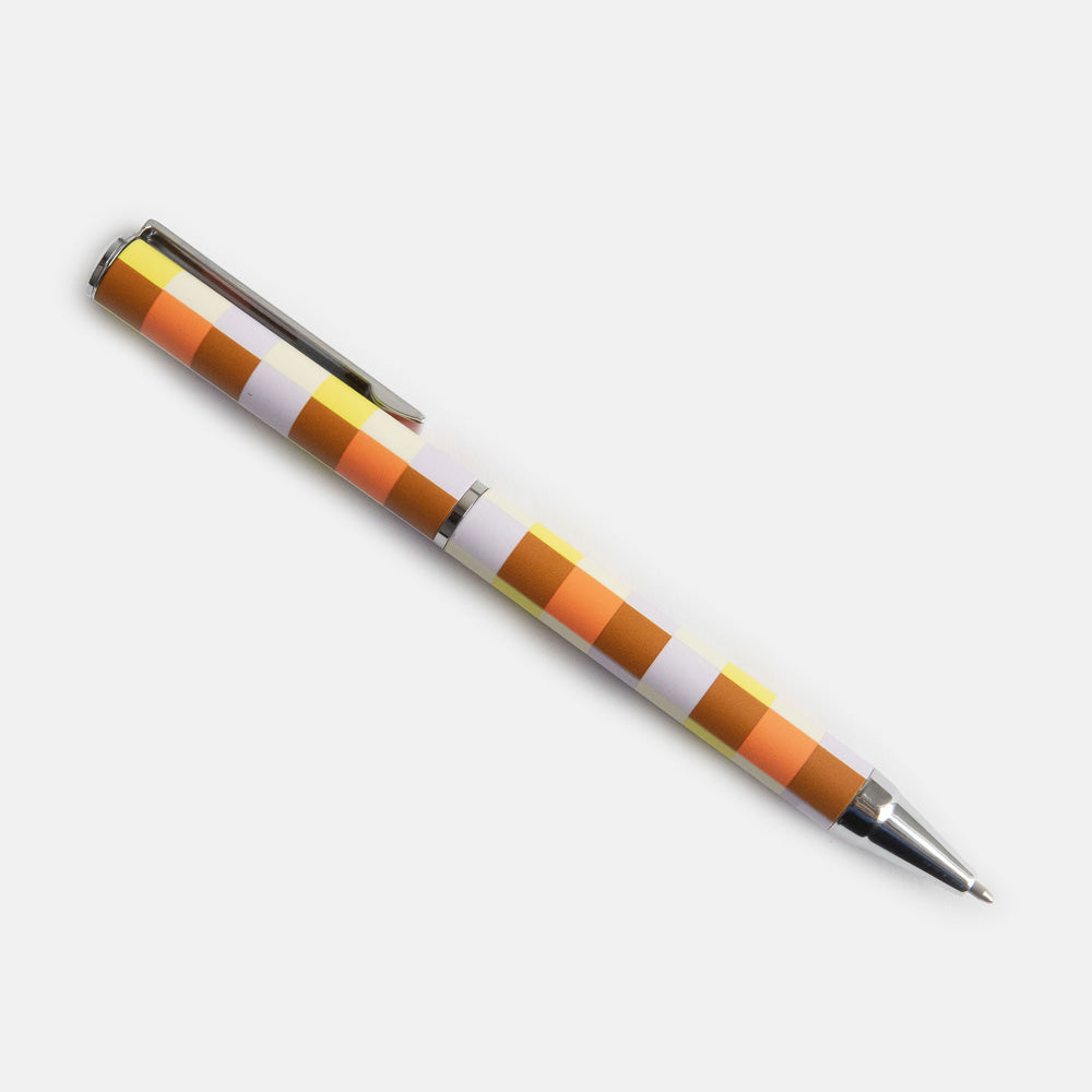 boxed ballpoint pen in warm tones check design