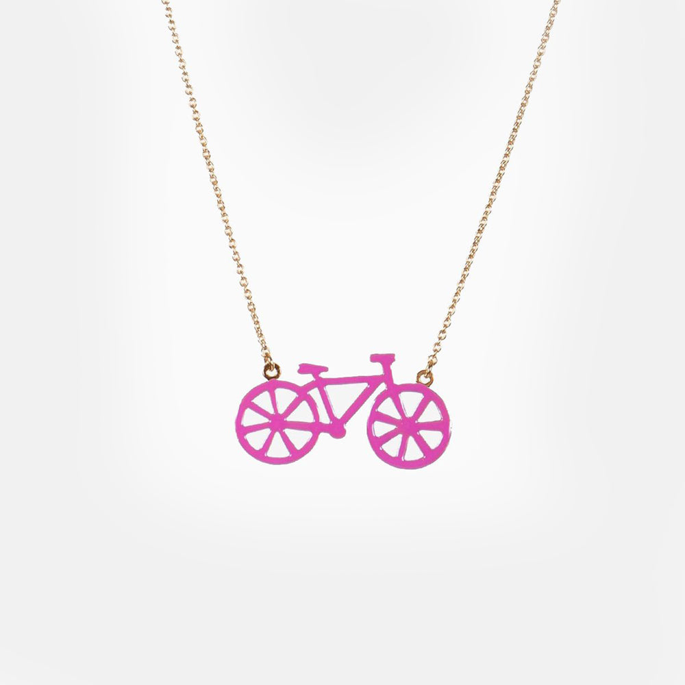 Pink bicycle necklace in 24 carat gold gilded brass and resin