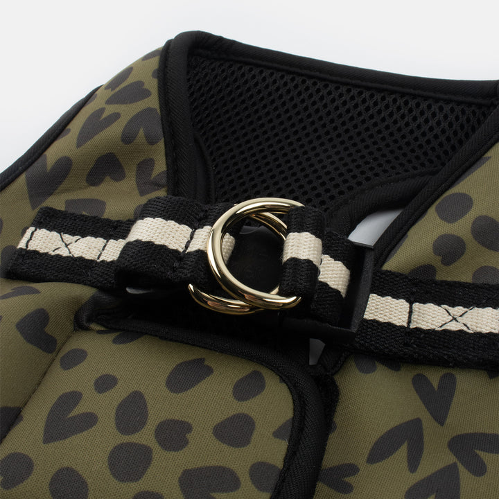 khaki and black hearts dog harness with double d rings