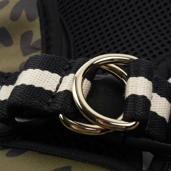 khaki and black hearts dog harness with double d rings