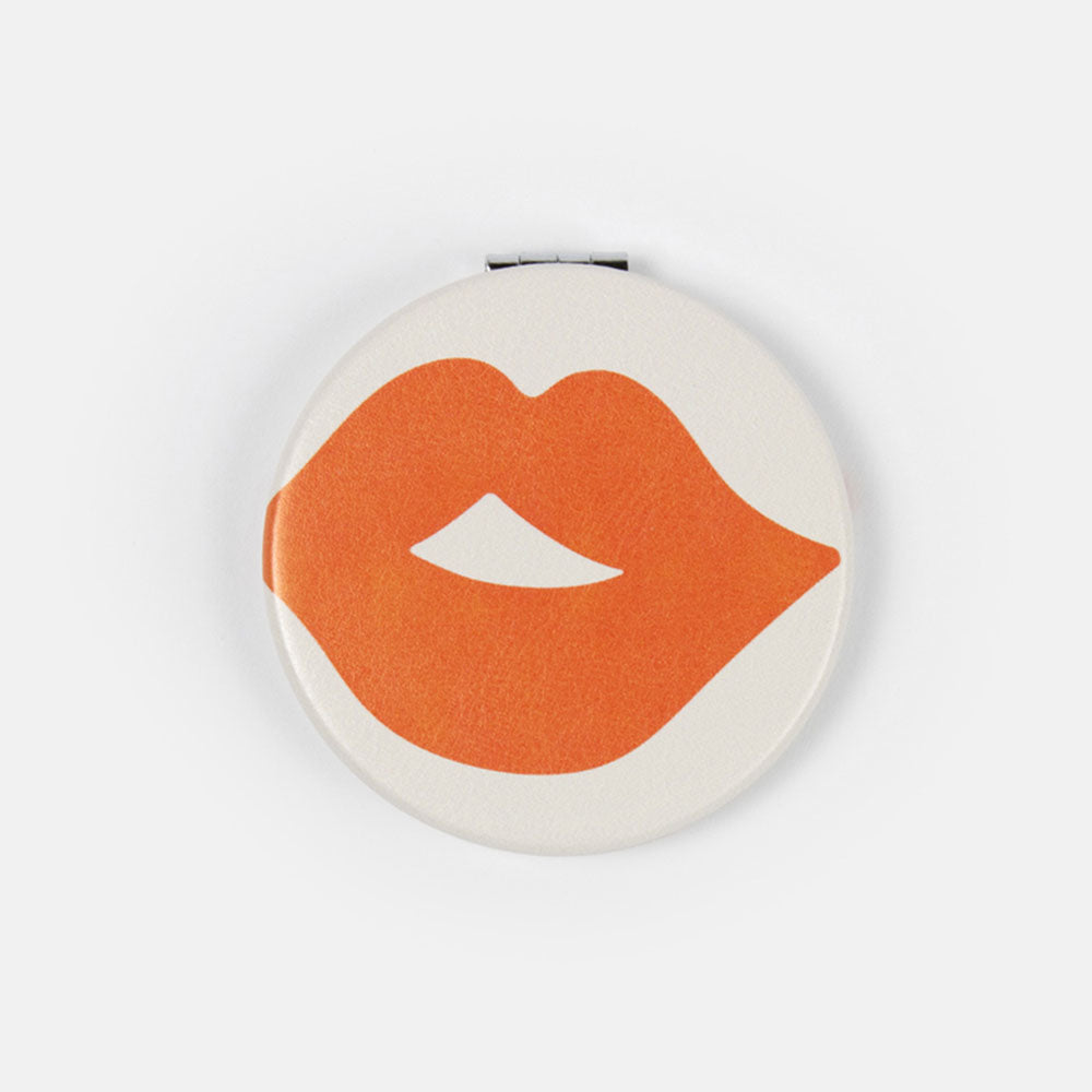red lips round leather look pocket mirror