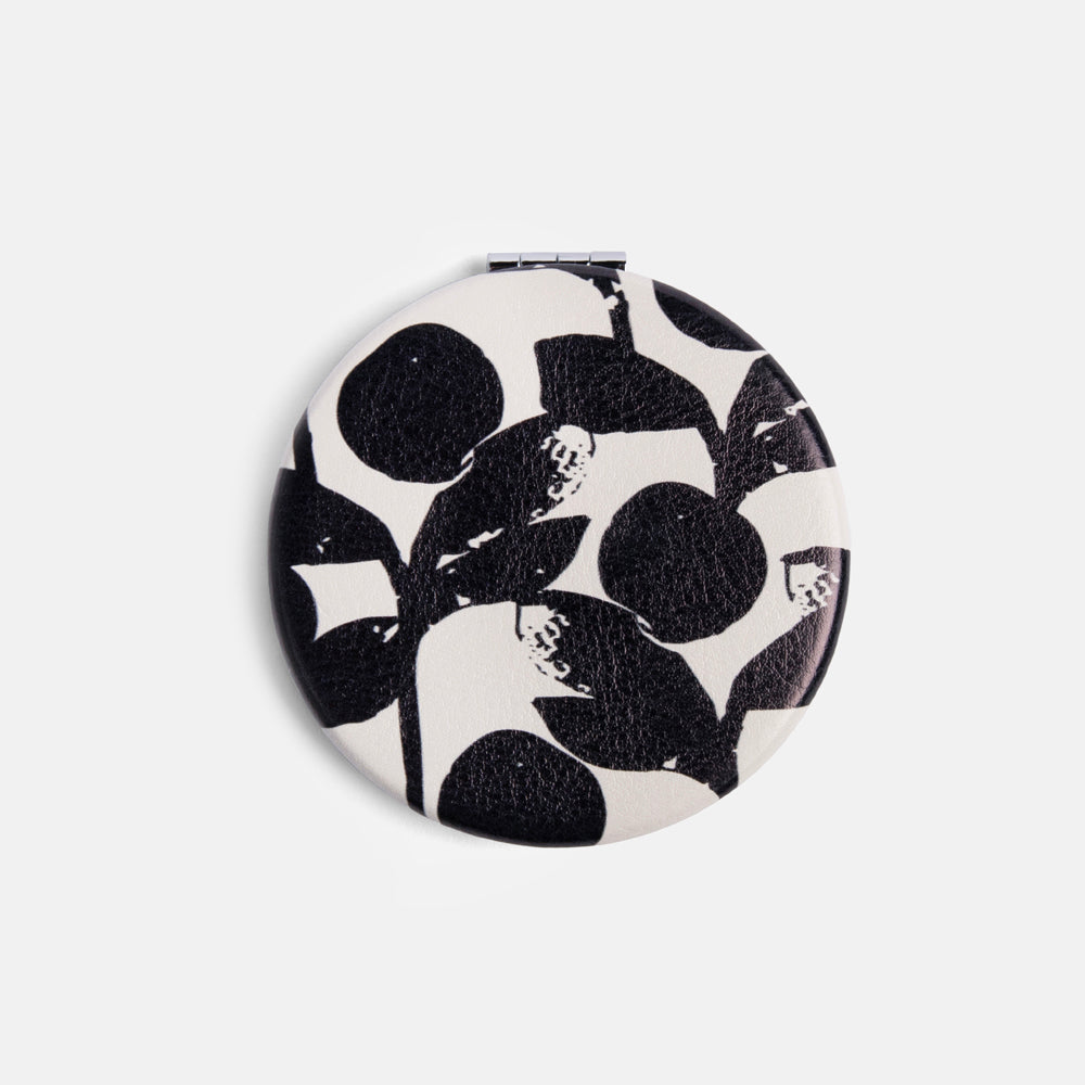 monochrome foliage print leather look round pocket mirror
