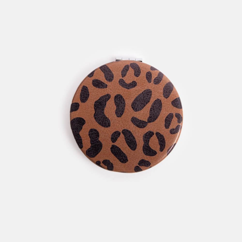 brown leather look leopard print round pocket mirror