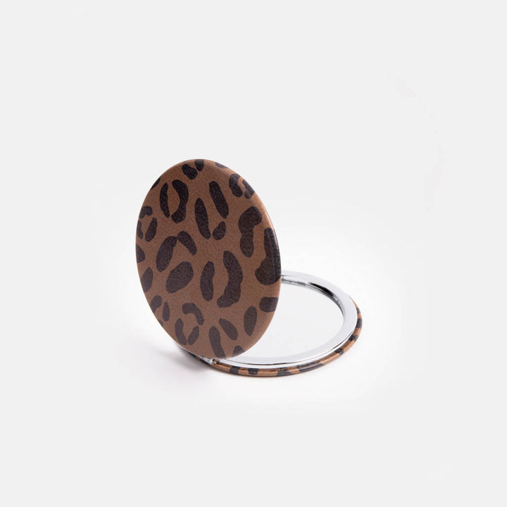 brown leather look leopard print round pocket mirror