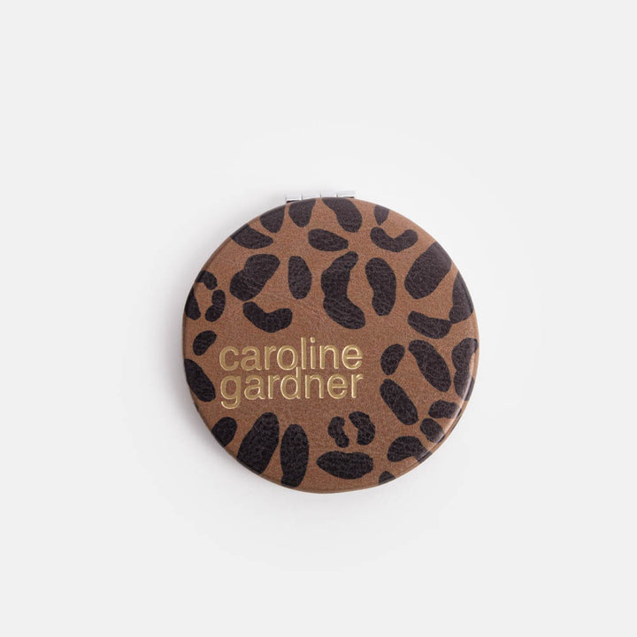 brown leather look leopard print round pocket mirror