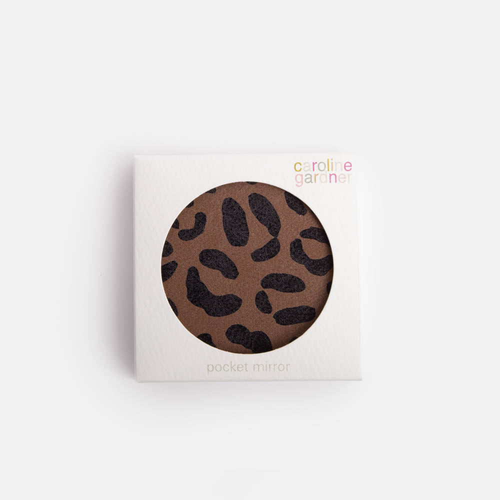 brown leather look leopard print round pocket mirror