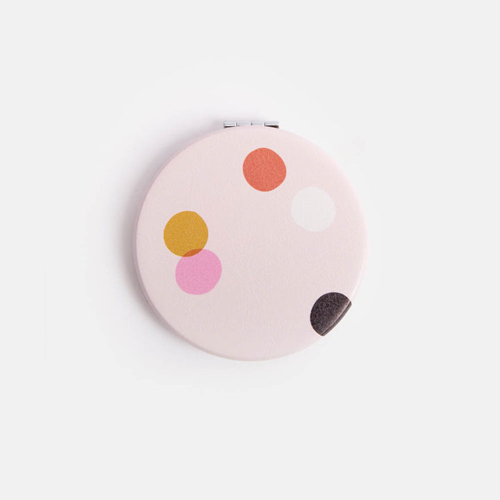 pale pink with colourful spots round pocket compact mirror