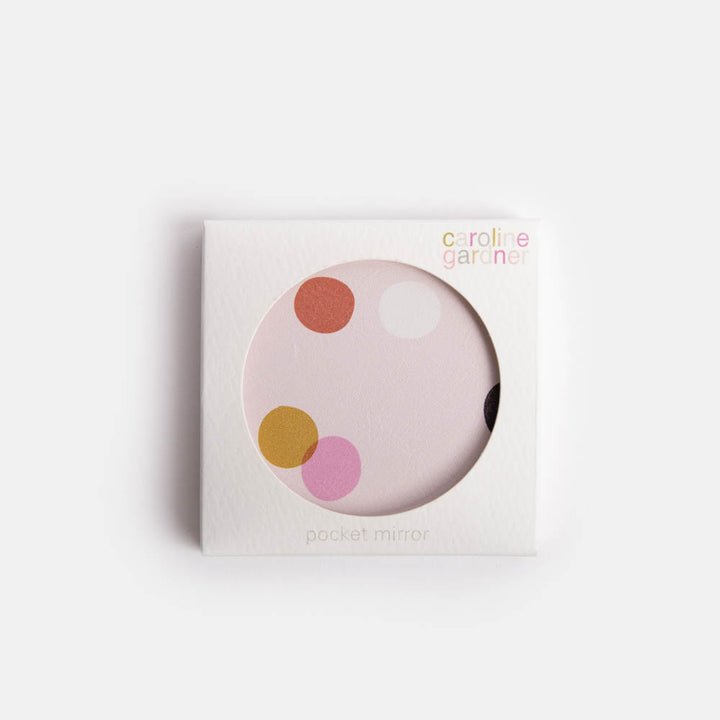 pale pink with colourful spots round pocket compact mirror