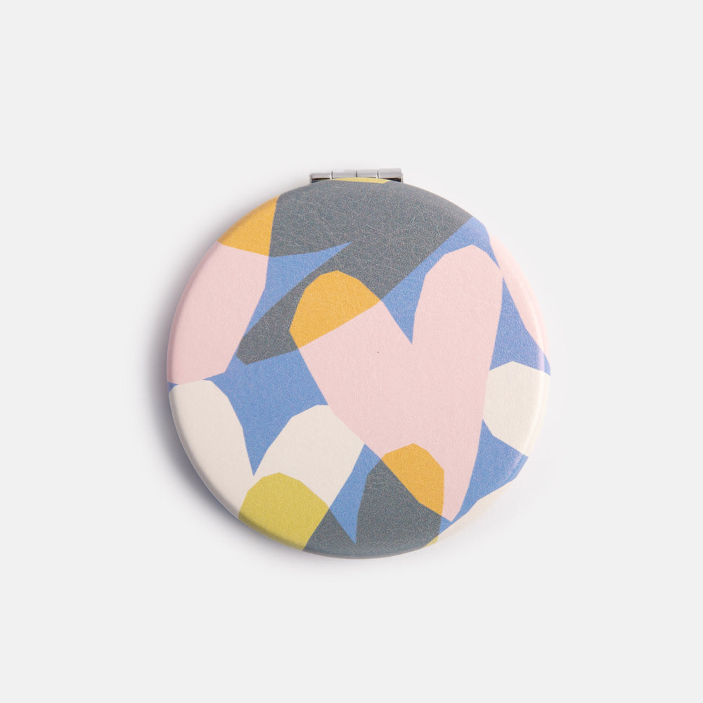 leather look PU round compact pocket mirror in colourful confetti hearts print