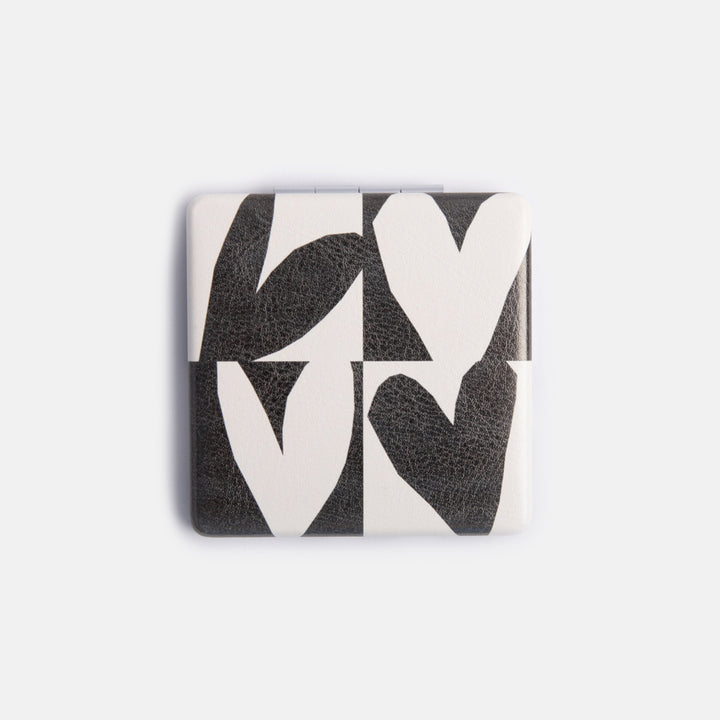 leather look PU square compact pocket mirror in monochrome checkmate hearts print